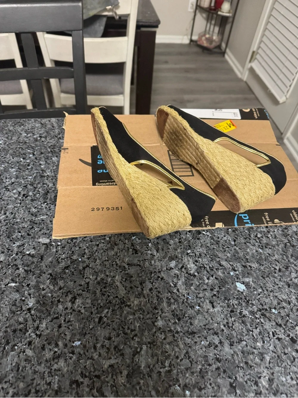 Ralph Lauren Black and Gold Peep-Toe Espadrille Flats